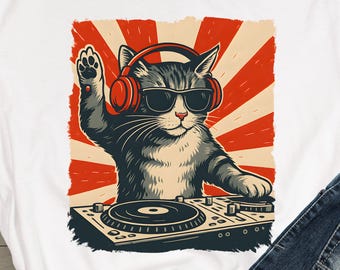 DJ Cat Graphic Unisex Tee, Fun Cat Lover Shirt, Casual Music Festival Outfit, Unique Soft Shirt, Gift for Friend, Comfy Cat Tee, Festival