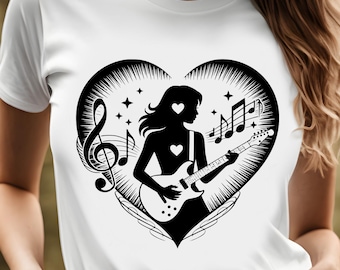 T-shirt con silhouette di chitarra a forma di cuore / Rocker donna, maglietta con note musicali, 8 colori