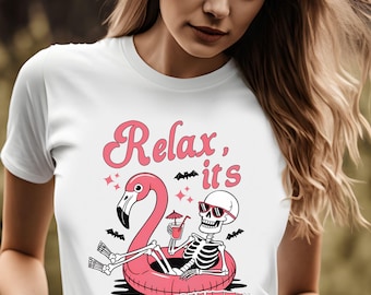 Skeleton Summerween Unisex Tee, Beach Wear, Fun Vacation Shirt, Casual Skeleton Graphic T-Shirt, Pink Flamingo Float Tube Shirt, Gift for