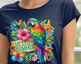Colorful Summer Tee with Parrot Design, Tropical Shirt, Vacation Top, Gift for Nature Lovers, Summer Apparel, Hello Summer T-Shirt, 7 colors