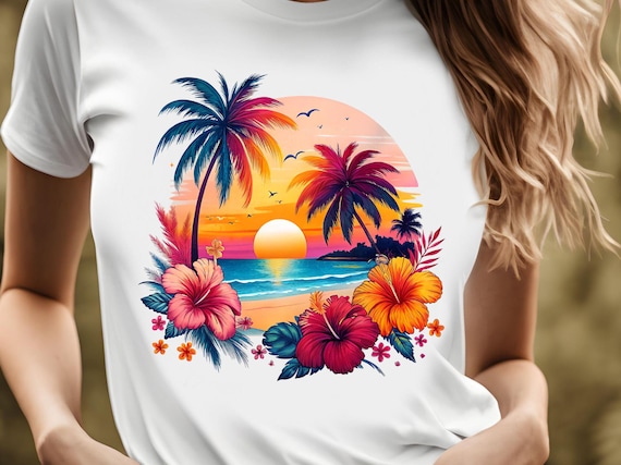 Tropical Sunset Tee, Beach Vibes T-Shirt, Unisex Summer Shirt, Vacation Wear, Floral Graphic Tee, Vacation Gift