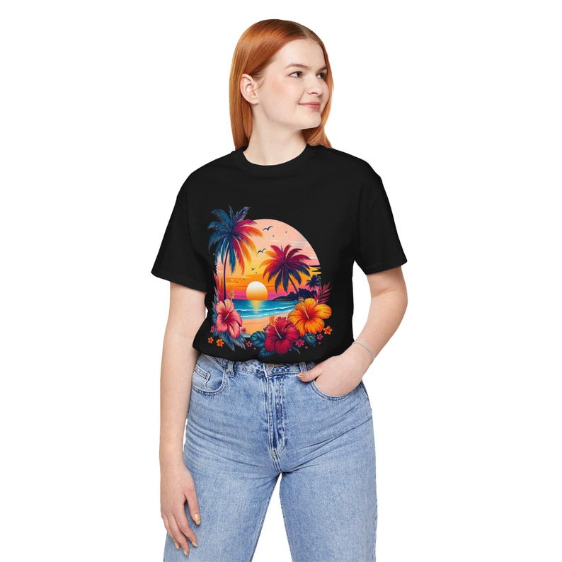 Tropical Sunset Tee, Beach Vibes T-Shirt, Unisex Summer Shirt, Vacation Wear, Floral Graphic Tee, Vacation Gift image 4