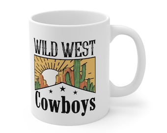 Taza de vaquero con puesta de sol, taza de café del lejano oeste, decoración country western, taza de cerámica de 11 oz, regalo de vaquero, decoración de cocina occidental, café al atardecer