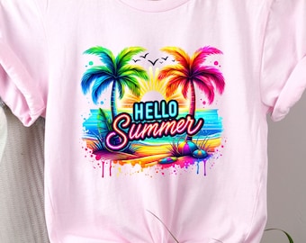 Hello Summer tshirt, neon summer, palm trees, summer vacation shirt, 6 colors