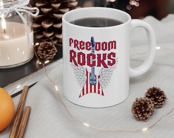 Freedom Rocks, patrotic coffee mug, Ceramic cup, 11oz, rock and roll guitar mug, patriot coffee mug