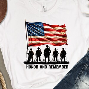 Patriotic Memorial Tee - Unisex Jersey Short Sleeve T-Shirt, Honor and Remember Veterans Day, Casual Wear, American Flag and Soldiers