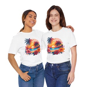 Tropical Sunset Tee, Beach Vibes T-Shirt, Unisex Summer Shirt, Vacation Wear, Floral Graphic Tee, Vacation Gift image 2