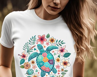 Floral Sea Turtle T-Shirt, Nature Lovers, Summer Outfit, Casual Wear, Beachwear, Animal Lovers, Unisex Tee, 8 colors