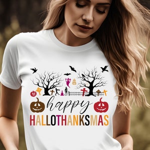 Happy Hallothanksmas tshirt, happy halloween thanksgiving christmas, holiday season, cotton tee