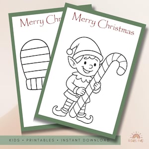 May include: Two Christmas-themed printable cards. One card features a mitten outline, the other an elf holding a candy cane. Both cards have the text "Merry Christmas" in red. The bottom of the cards read "KIDS &bull; PRINTABLES &bull; INSTANT DOWNLOAD".