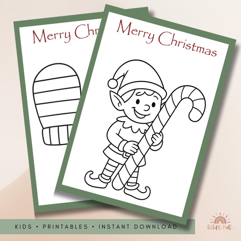 May include: Two Christmas-themed printable cards. One card features a mitten outline, the other an elf holding a candy cane. Both cards have the text "Merry Christmas" in red. The bottom of the cards read "KIDS &bull; PRINTABLES &bull; INSTANT DOWNLOAD".