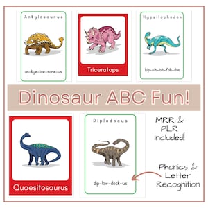 Tarjetas didácticas de alfabetización y aprendizaje temprano con el alfabeto fonético de dinosaurios, reconocimiento de letras para preescolar, actividad imprimible para educación en el hogar con temática de dinosaurios