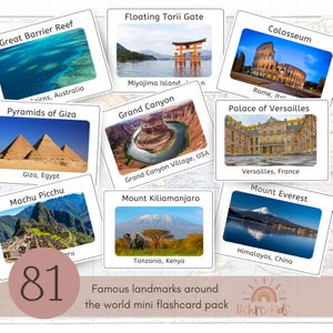 Puede incluir: Un conjunto de tarjetas didácticas con famosos monumentos del mundo. Las tarjetas muestran imágenes de la Gran Barrera de Coral, Floating Torii Gate, Coliseo, Pirámides de Giza, Gran Cañón, Palacio de Versalles, Machu Picchu, Monte Kilimanjaro y Monte Everest. El conjunto incluye 81 tarjetas.