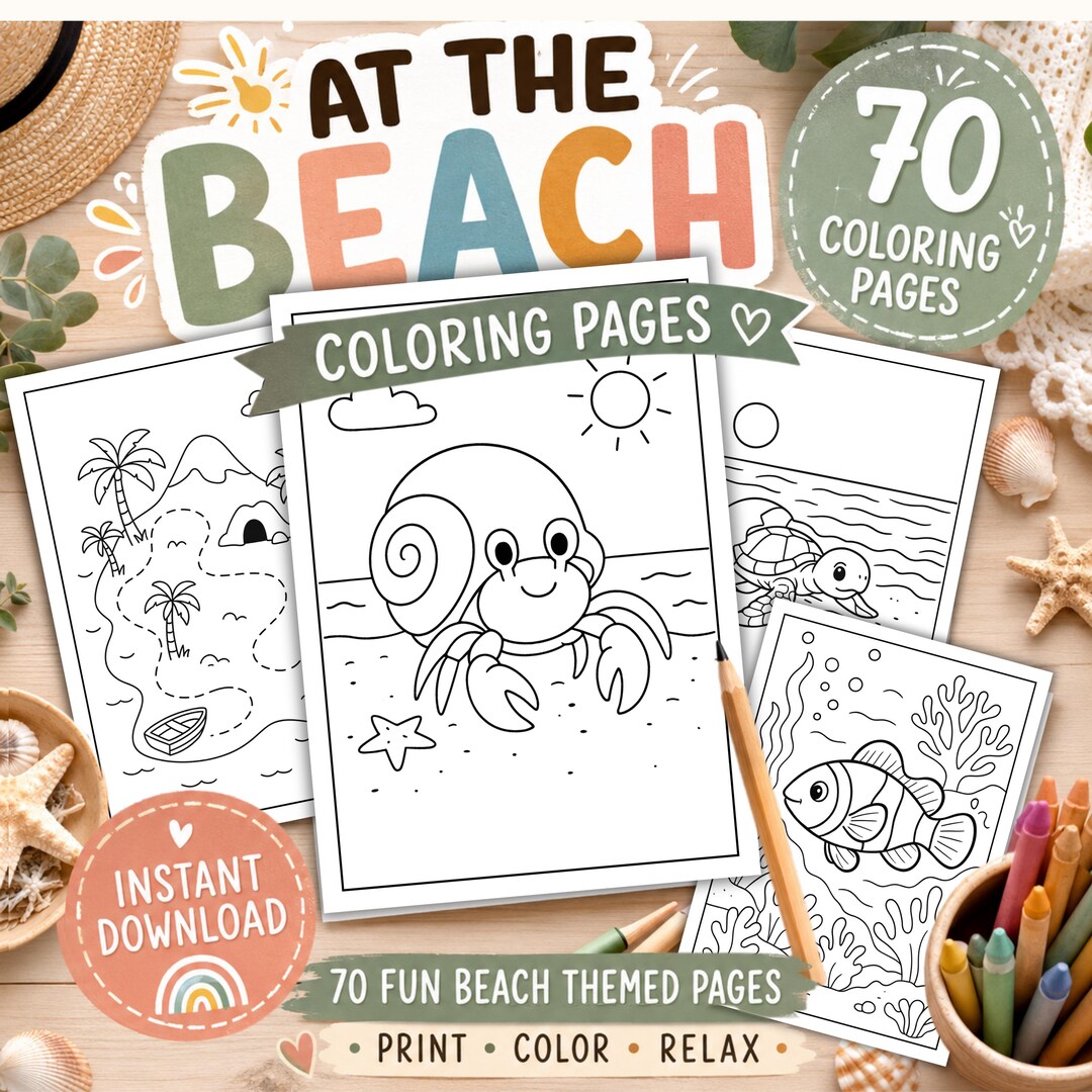 Beach Coloring Pages for Kids, Printable Ocean Activity Sheet, Under ...