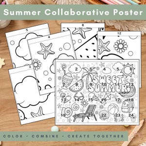 Könnte beinhalten: Ein kollaboratives Sommerposter mit dem Text "Summer Collaborative Poster". Das Poster zeigt nummerierte Abschnitte mit Illustrationen zum Thema Sommer, darunter eine Palme, Eiscreme und ein Strandstuhl. Der Text "COLOR • COMBINE • CREATE TOGETHER" ist ebenfalls vorhanden.