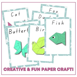 May include: A set of five origami animal cards with a blue and white background. The cards feature a cat, butterfly, bird, fish, and fox. The text "CREATIVE & FUN PAPER CRAFT!" is at the bottom of the image.