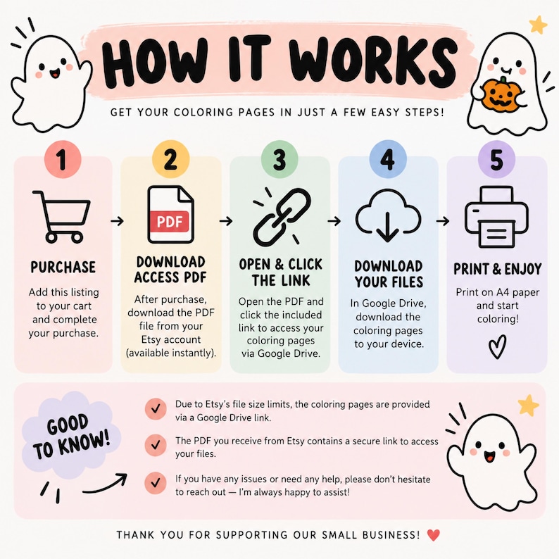 May include: An instructional graphic titled HOW IT WORKS featuring five numbered steps for digital coloring pages. Icons include a shopping cart, PDF file, link, download arrow, and printer. Cute ghost illustrations and text explain the process.