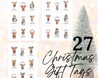 May include: Twenty-seven printable Christmas gift tags featuring illustrations of reindeer, snowmen, and the text "Merry Christmas" and "Happy Holidays".