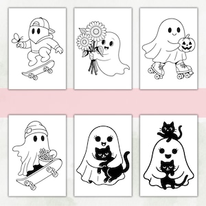 May include: A set of six black and white coloring pages featuring cartoon ghosts. The illustrations include a ghost on a skateboard with a butterfly, a ghost holding sunflowers, a ghost on roller skates with a pumpkin, a ghost on a skateboard with flowers, and two ghosts holding black cats.