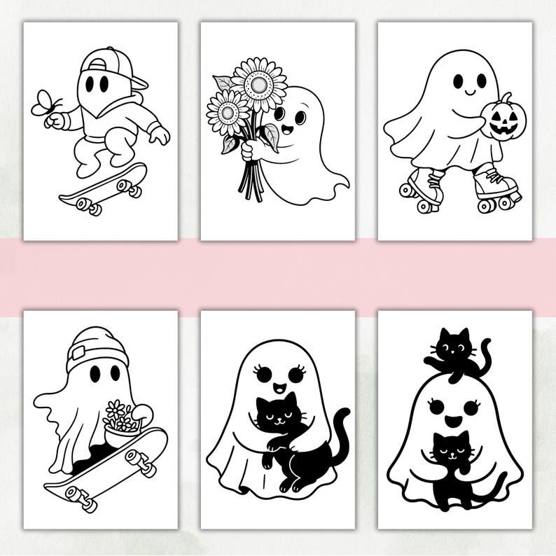 May include: A set of six black and white coloring pages featuring cartoon ghosts. The illustrations include a ghost on a skateboard with a butterfly, a ghost holding sunflowers, a ghost on roller skates with a pumpkin, a ghost on a skateboard with flowers, and two ghosts holding black cats.