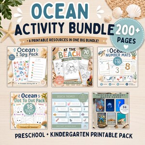 Könnte beinhalten: Ein Ozean-Aktivitätenpaket mit über 200 druckbaren Seiten, darunter ein Ocean I Spy-Paket, At The Beach-Malvorlagen, Zahlenmatten, ein Punkt-zu-Punkt-Paket, Wort-Nachspurkarten und druckbare Memory-Karten mit Meeresmotiven.