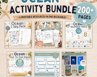 May include: An ocean activity bundle featuring over 200 printable pages including an Ocean I Spy pack, At The Beach coloring pages, Ocean Number Mats, Ocean Dot To Dot pack, word tracing cards, and printable memory match cards with sea life imagery.