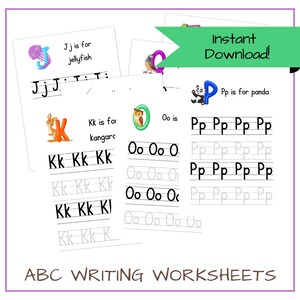 Hojas de trabajo imprimibles para aprender a escribir el alfabeto y reconocer letras para niños en edad preescolar. Hojas de formación de letras con temática de animales para la educación en casa.