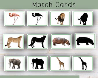 African Animal Shadow Matching Game for Kids Safari Printable Montessori Activity PDF