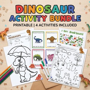 Dinosaur Activity Bundle Printable, Preschool Kindergarten Worksheets, Fun Coloring Pages, Dot to Dot, I Spy, ABC Flashcards, Homeschool PDF