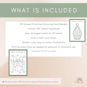 May include: A digital download product description with the text "WHAT IS INCLUDED". It includes 22 unique Christmas coloring card designs in PDF format, A4 size, with a fold-in-half card layout. The image shows a gift and a Christmas tree.