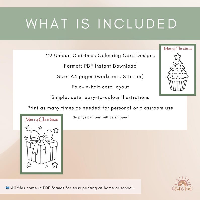 May include: A digital download product description with the text "WHAT IS INCLUDED". It includes 22 unique Christmas coloring card designs in PDF format, A4 size, with a fold-in-half card layout. The image shows a gift and a Christmas tree.