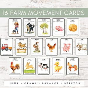 May include: Set of 16 farm movement cards with illustrations and instructions. Each card features a different farm animal or activity, such as "shovel like a farmer" or "jump like a lamb." The cards are designed for educational play and movement activities.