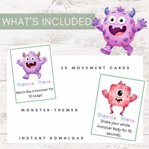 Monster Movement Cards for Kids | Preschool Brain Break Activity | Gross Motor Game for Classroom & Home | Indoor Energy Release Printable