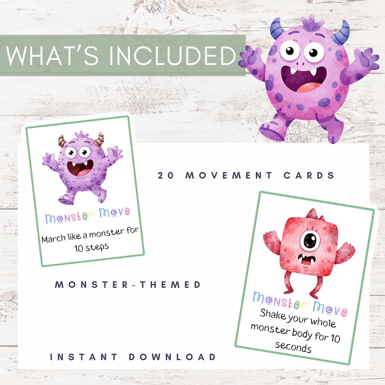 Monster Movement Cards for Kids | Preschool Brain Break Activity | Gross Motor Game for Classroom & Home | Indoor Energy Release Printable