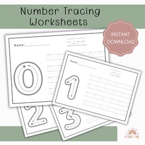 Puede incluir: Hojas de trabajo blancas para trazar números con los números 0, 1, 2 y 3, y las palabras "cero" y "uno". Estas hojas están diseñadas para el aprendizaje temprano, con líneas punteadas para trazar. El texto "Number Tracing Worksheets" está en la parte superior.