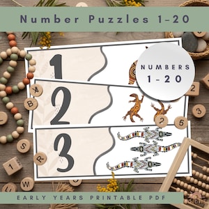 Könnte beinhalten: Lehrreiche Zahlenrätsel 1-20 mit einem Thema der Aborigine-Kunst. Die Rätsel zeigen die Zahlen 1, 2 und 3 sowie entsprechende Illustrationen von Tieren. Der Text "Number Puzzles 1-20" und "Early Years Printable PDF" sind sichtbar.