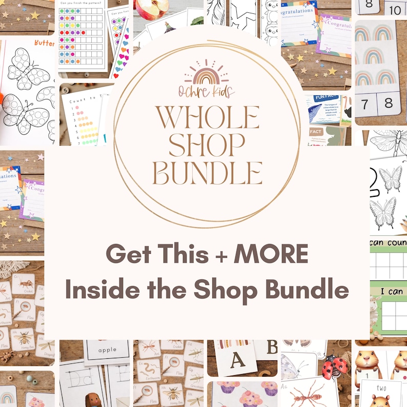 May include: A collection of educational printables for children, including coloring pages, counting cards, and alphabet flashcards. The image features the text "Ochre Kids Whole Shop Bundle" and "Get This + MORE Inside the Shop Bundle."