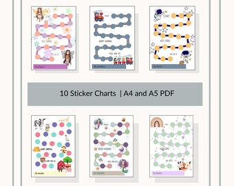 Tablas de recompensas con pegatinas imprimibles, tabla de pegatinas para preescolar, paquete de 10 unidades en formato PDF (A4 y A5).