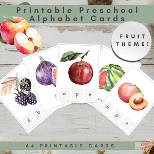 May include: Printable preschool alphabet cards with a fruit theme. The cards feature watercolor illustrations of various fruits, including apples, figs, and peaches. The cards have letters on them. The text "64 Printable Cards" is at the bottom.
