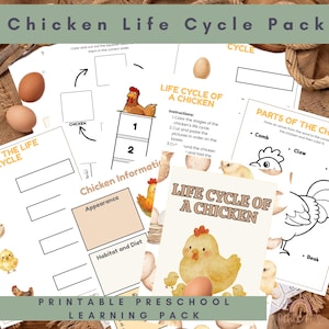 May include: A printable preschool learning pack featuring a chicken life cycle theme. The pack includes worksheets with illustrations of chickens, eggs, and chicks, along with instructions for coloring and cutting. The text includes "Chicken Life Cycle Pack" and "Printable Preschool Learning Pack."