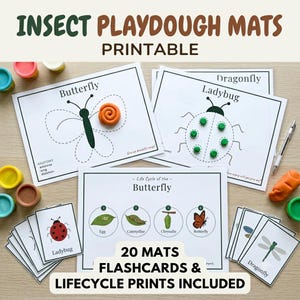 Puede incluir: Un conjunto de tapetes de plastilina de insectos imprimibles con una mariposa y una mariquita con contornos punteados, un gráfico del ciclo de vida de la mariposa y tarjetas didácticas. Los tapetes incluyen etiquetas y diagramas anatómicos.