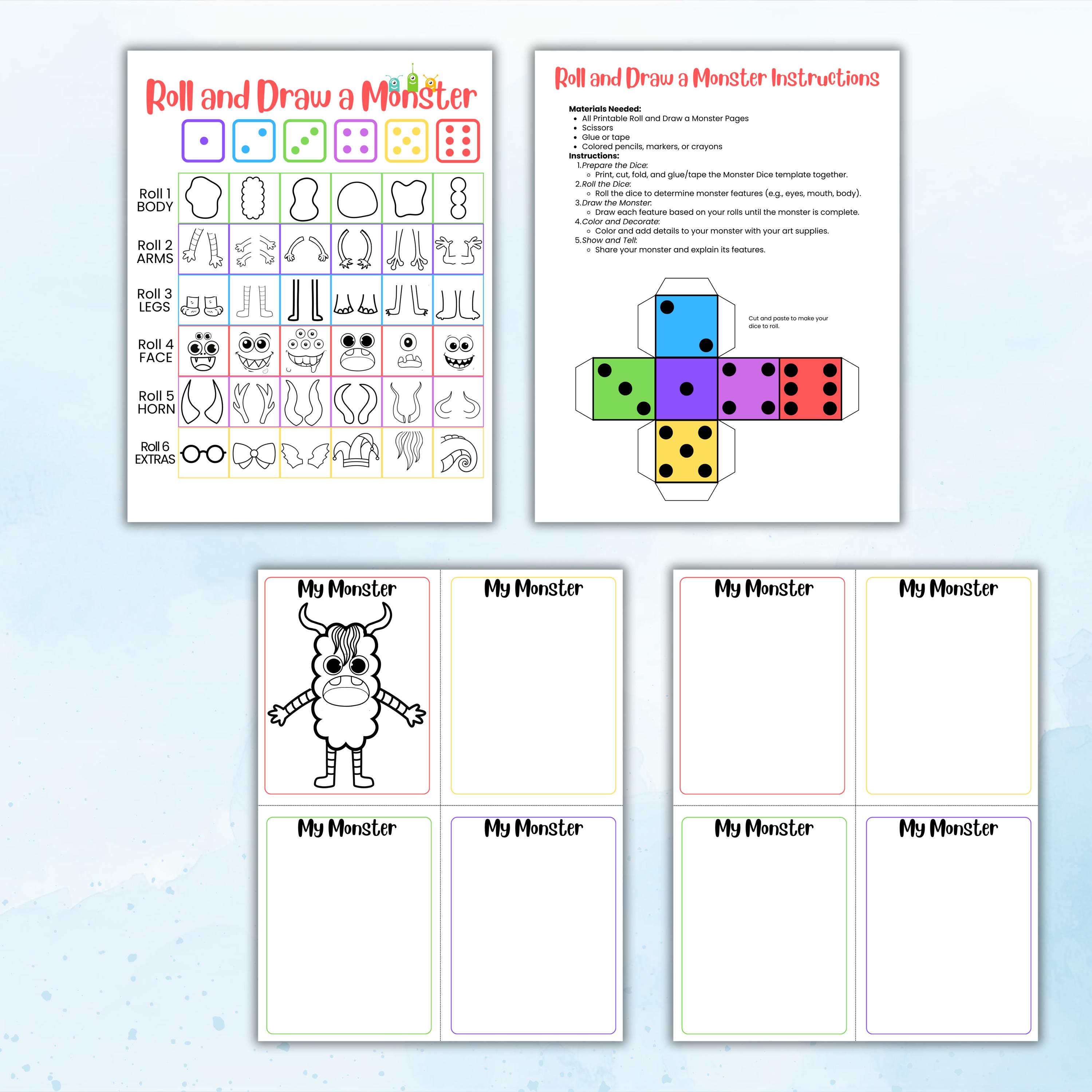 Roll and Draw a Monster | Printable Dice Drawing Game | Monster Art ...