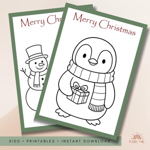 May include: Two Christmas cards with a green border. One card features a snowman wearing a top hat and scarf. The other card shows a penguin with a scarf holding a gift. The words "Merry Christmas" are written in red.