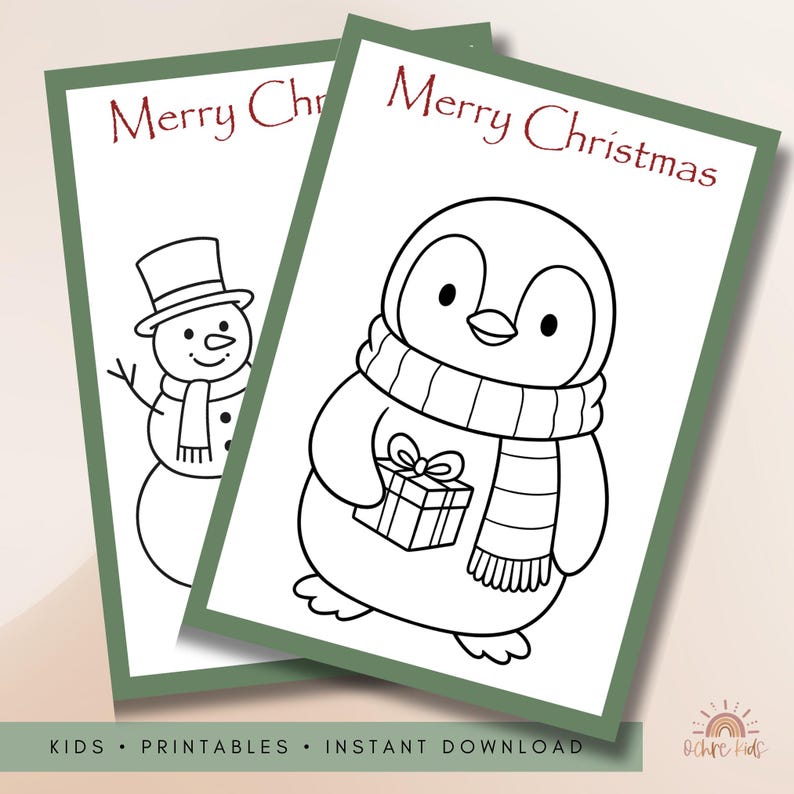 May include: Two Christmas cards with a green border. One card features a snowman wearing a top hat and scarf. The other card shows a penguin with a scarf holding a gift. The words "Merry Christmas" are written in red.