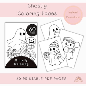 Könnte beinhalten: Schwarz-Weiß-Malvorlagen mit Geistern. Ein Geist fährt Fahrrad mit einem Kürbis im Korb. Der Text lautet "Ghostly Coloring Pages" und "60 Printable PDF Pages". Enthält eine Grafik "Sofort-Download".