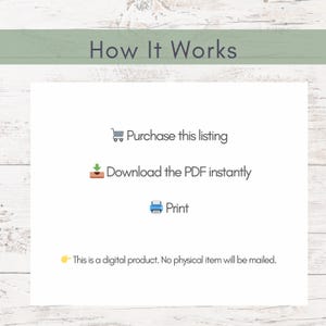 May include: White graphic with the text "How It Works" and instructions: "Purchase this listing," "Download the PDF instantly," and "Print." The text also states, "This is a digital product. No physical item will be mailed."