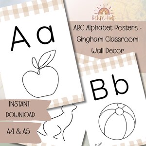 May include: ABC alphabet posters with the letters A and B, and illustrations of an apple and a ball. The posters are black and white, with a gingham pattern background. Text on the poster reads "ABC Alphabet Posters - Gingham Classroom Wall Decor".