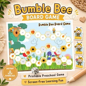 May include: A Bumble Bee board game with a hexagonal path on a colorful nature background. The game features numbered spaces, honey pots, sunflowers, and bee characters. Includes a six-sided die and three bee-themed player tokens.