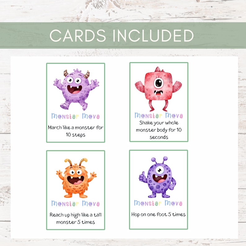 Monster Movement Cards for Kids | Preschool Brain Break Activity | Gross Motor Game for Classroom & Home | Indoor Energy Release Printable
