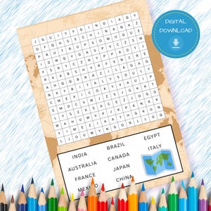 Countries Word Search Puzzle: Kids Printable Activity (A4 PDF Download